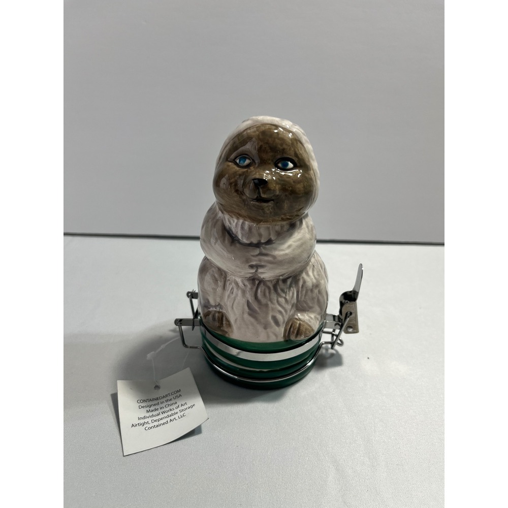 Contained Art Sloth Ceramic Airtight Stash Jar Brown Grey Green Hinged Latch Lid